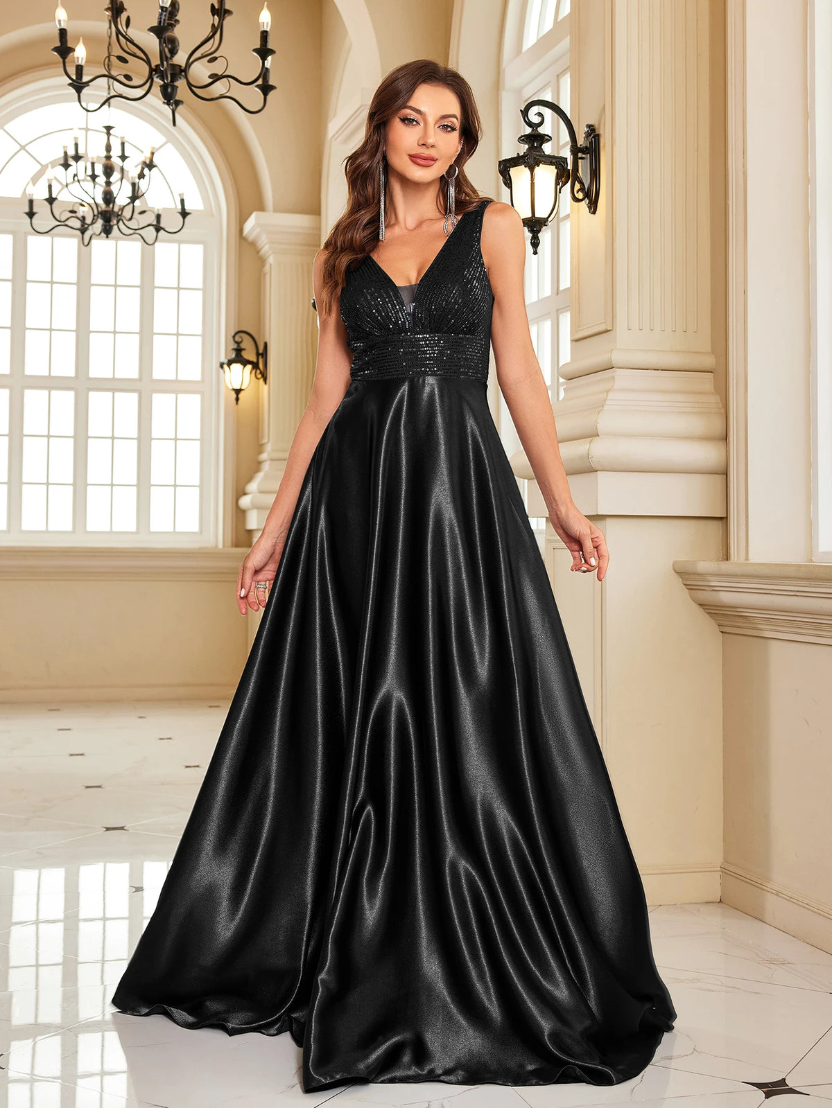 Oklahoma Elegant Sequins Evening Deep V-neck Satin Prom Party Dress