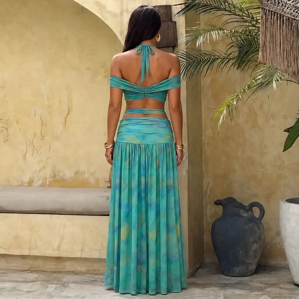Katia Halter Bandage Hollow Out Ruched Two Piece Sets