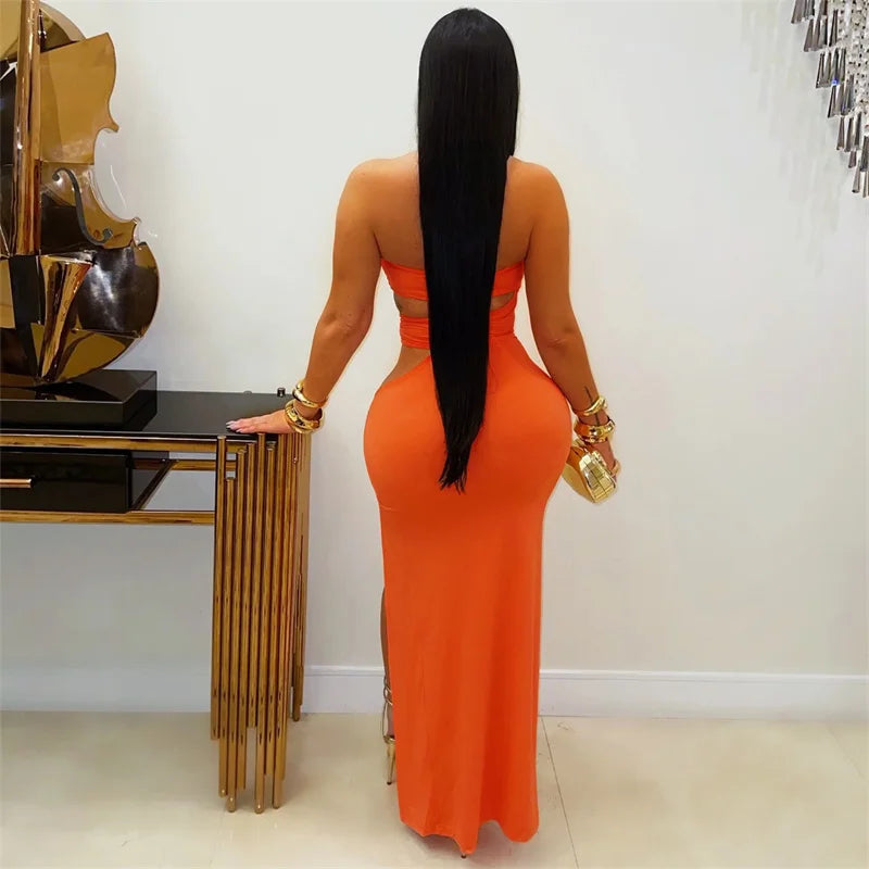 Alabama Metal Ring Bandage Strapless Night Hollow Out Bodycon Maxi Dress