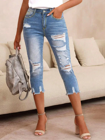 Stratmere Casual Ripped Capri Slim-Fit Stretchy Classic Raw Hem Denim