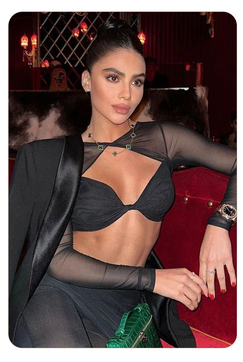 Williamsburg Mesh Fashion Street Wear Hollow Out Design Crop Set
