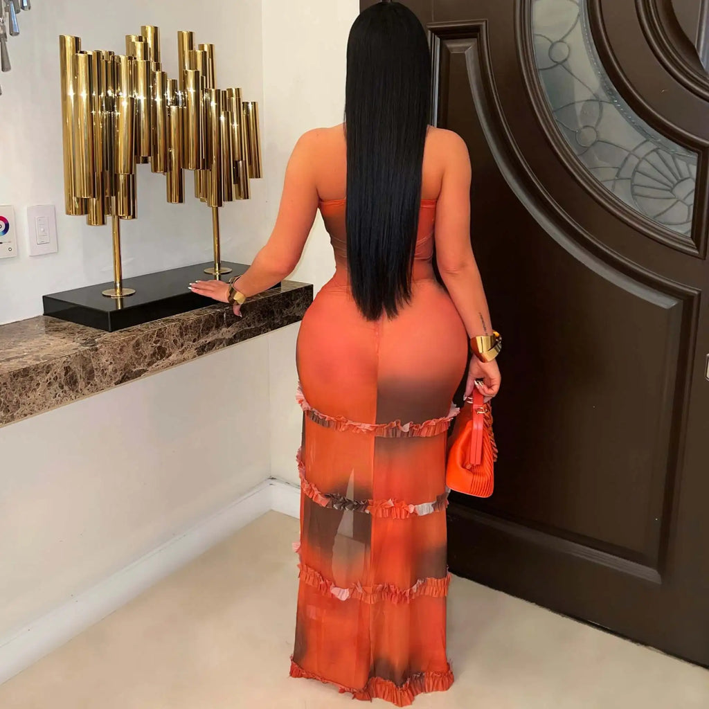 V-neck Strap Tie-dye Print Streetwear Beach Evening Sexy Night Party Split Maxi Dress
