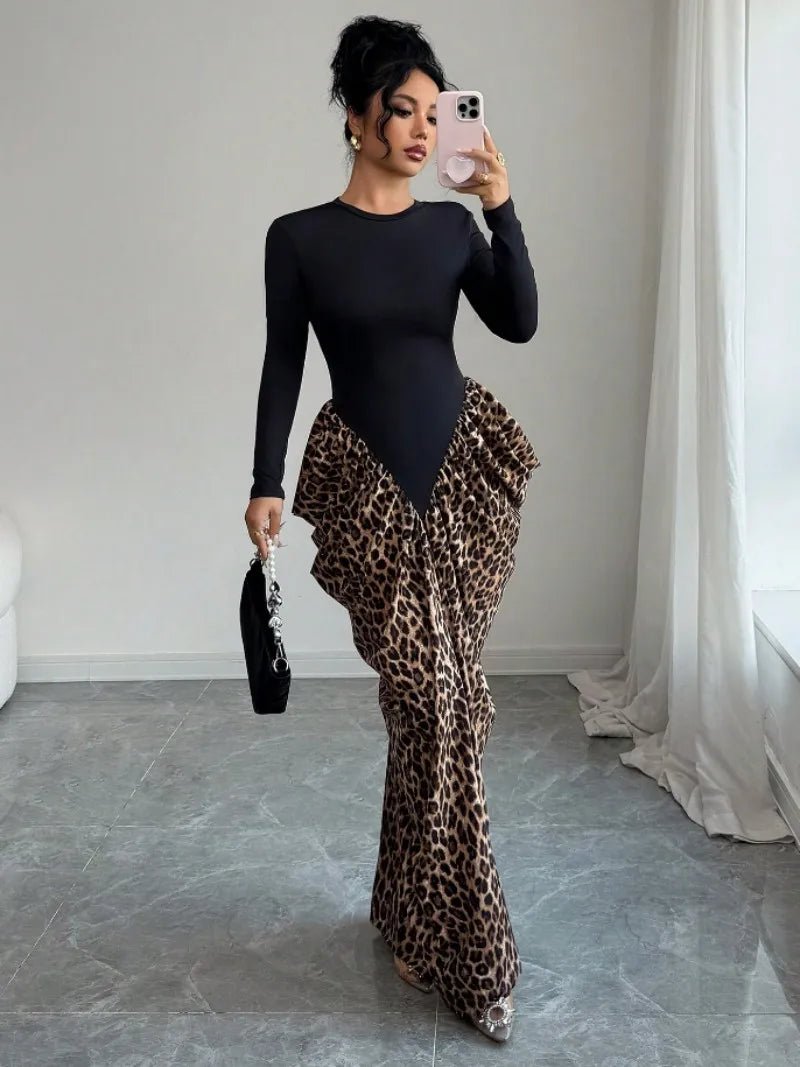 Brasil Plus Size Leopard Print Long Slimming Asymmetrical Floor-Length Dress