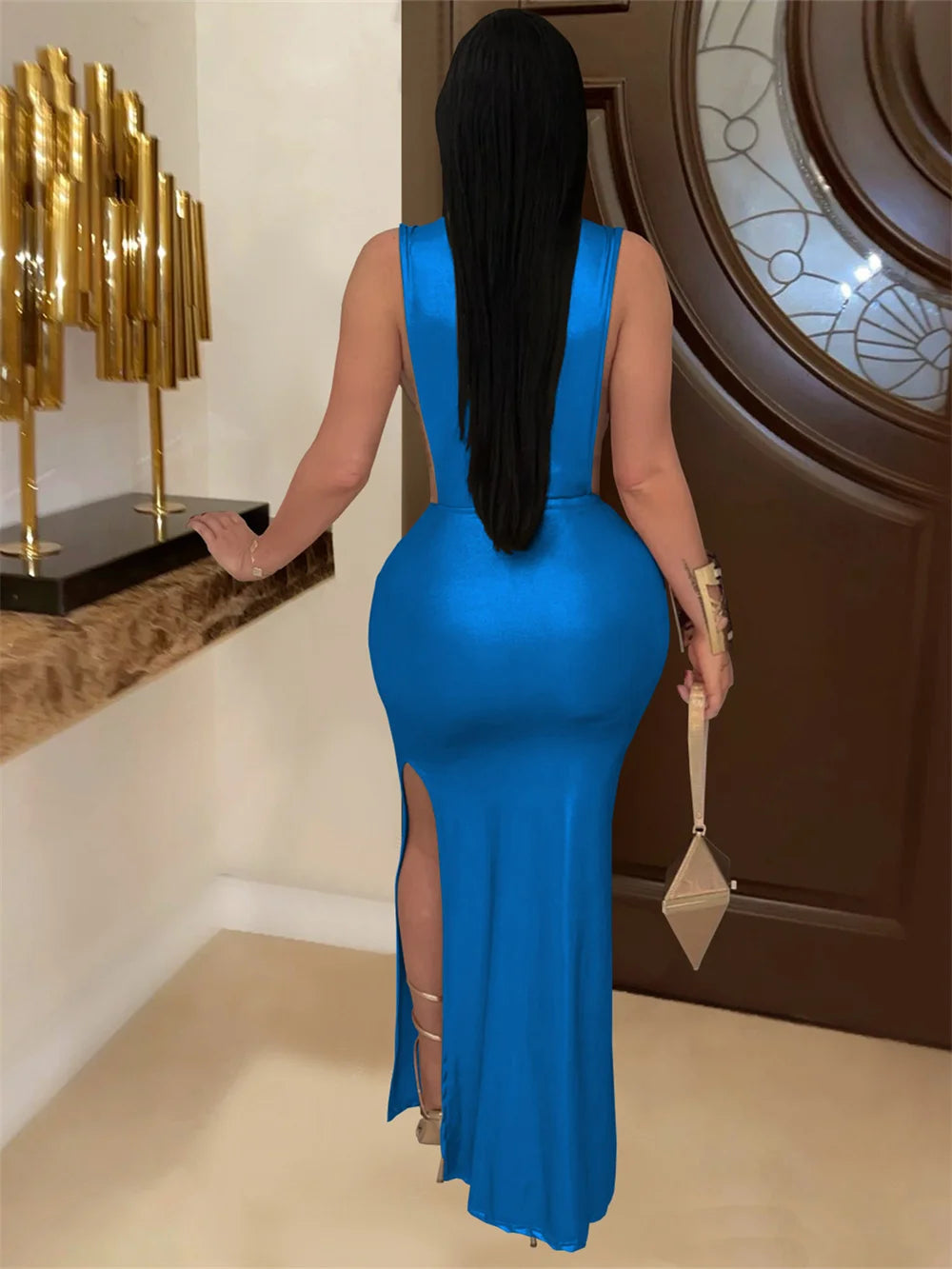 Hudson Square Side Split Ruched Sleeveless Waistless Silky Sexy Metal Button Ribbon Dress