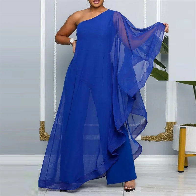 Oldwick Elegant Chiffon One Shoulder Wide Leg Jumpsuit
