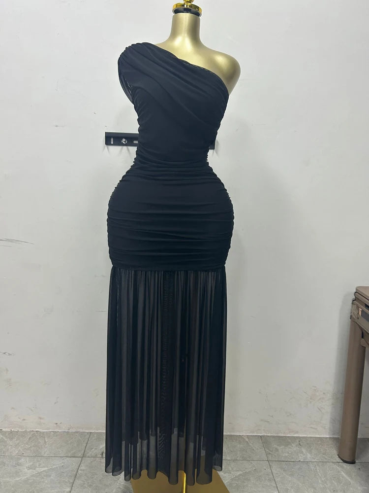 Elegant Skew Neck One Sleeve Off Shoulder Mesh Slit Long Maxi Dresses
