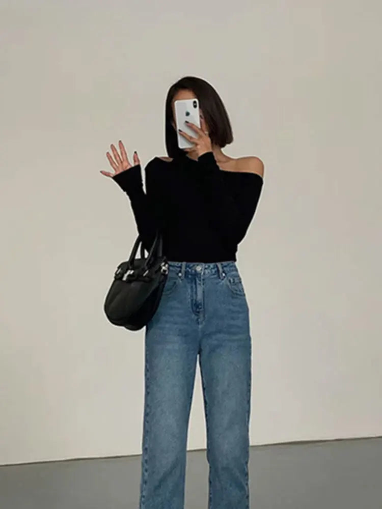 Union City Skew Collar Off Shoulder Long Sleeved T Shirts New Solid Slim Fit Crop Top