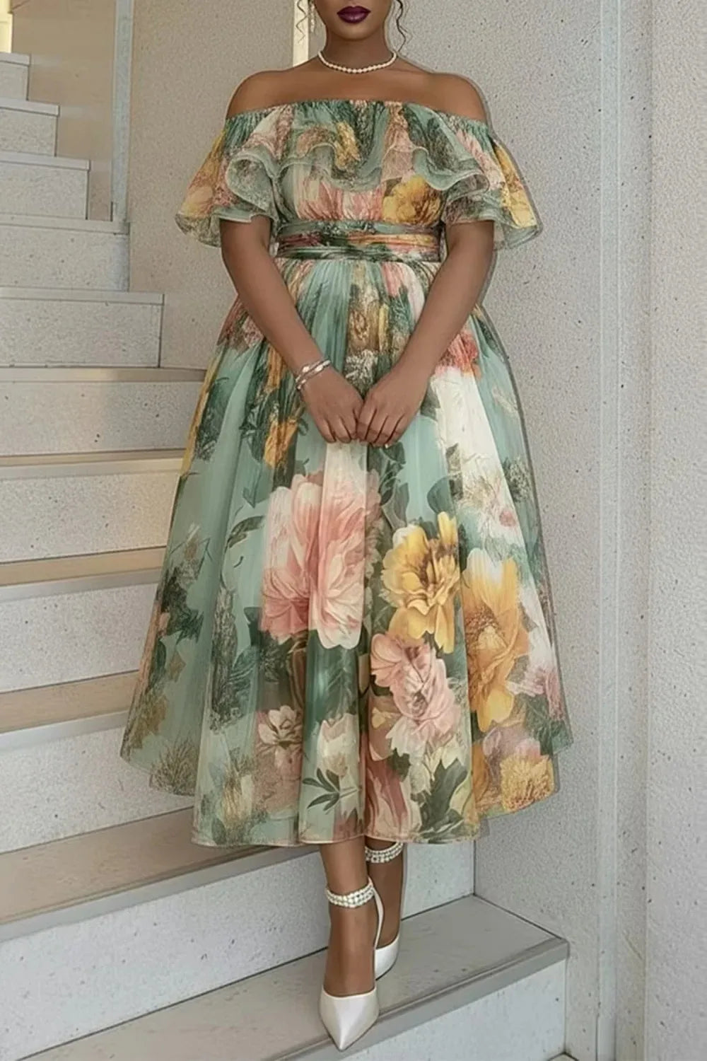 Texas Plus Size Green Floral Off Shoulder Ruffle Chiffon Midi Dress
