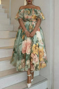 Texas Plus Size Green Floral Off Shoulder Ruffle Chiffon Midi Dress