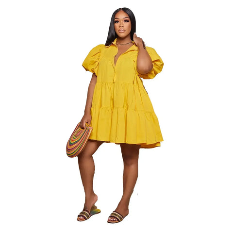 Secaucus Puff Sleeve Single Breasted Lapel Collar Babydoll Street White Big Swing Dress