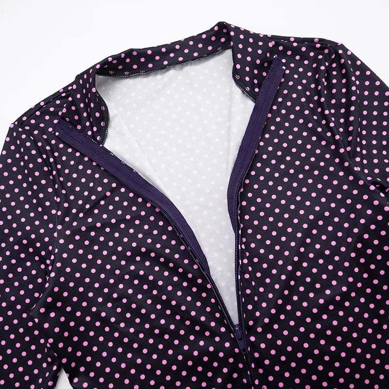 Mattituk Puss Polka Dot Print Women Tracksuit Zip Crop Two Piece Set