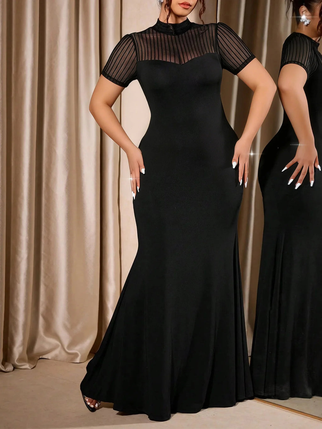 Ceuta Plus Size Mesh High Neck Cap Sleeve Sheer Gown Frock Slim Fit Casual Dress