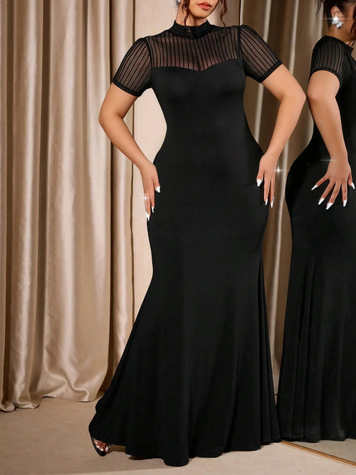 Ceuta Plus Size Mesh High Neck Cap Sleeve Sheer Gown Frock Slim Fit Casual Dress