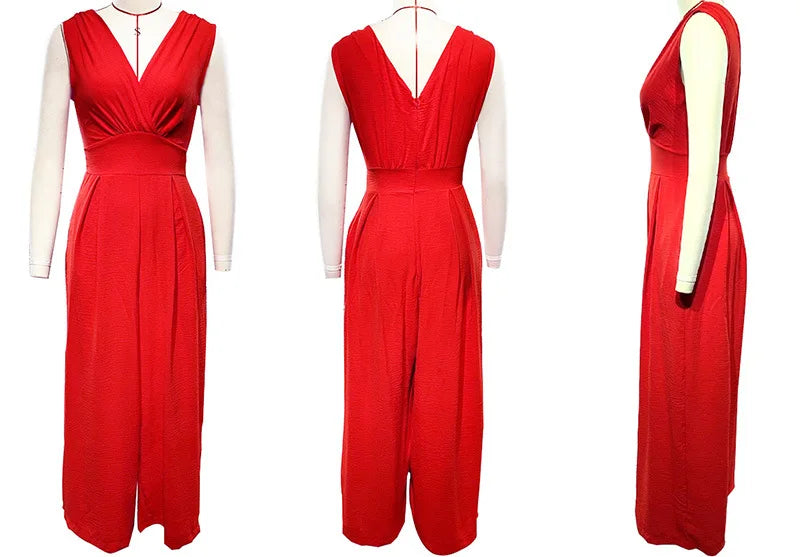 Slim Jumpsuit Women Slim Fits Sleeveless Tank Tops Rompers Jumpsuits V-neck Sexy High Waist Straight Wide Leg Pants Jumpsuits