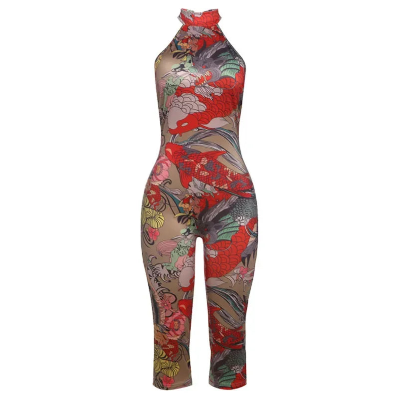 Sunset Park Dots Print Lace Up Halter Backless Skinny Knee Length Jumpsuits