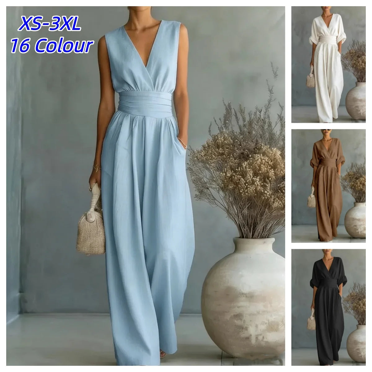 Women's Jumpsuit Fashion High Waist V-neck Casual Jumpsuits Sexy Solid Color Office Wide Leg Trousers Overalls Linen Chic