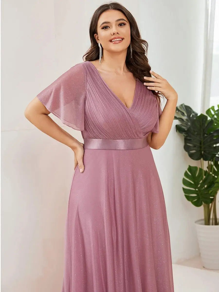 Gazcue Plus Size Chiffon Mother of the Bride Party Glitter V Neck A Line Dress