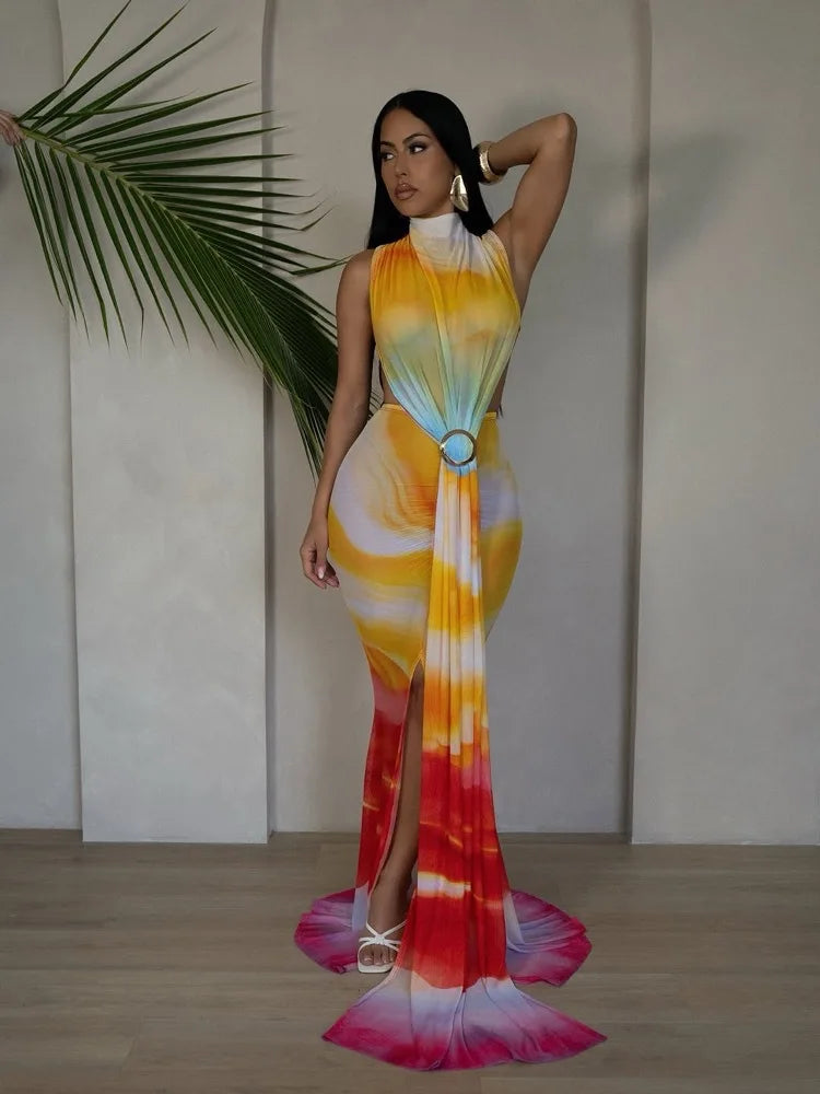 O Neck High Split Stacked Print Bodycon Long Maxi Dress