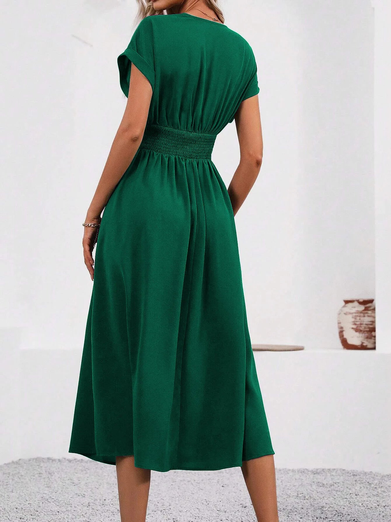 Guachupita Solid-Color V Neck Batwing-Sleeve Pleated Long Elegant Dress