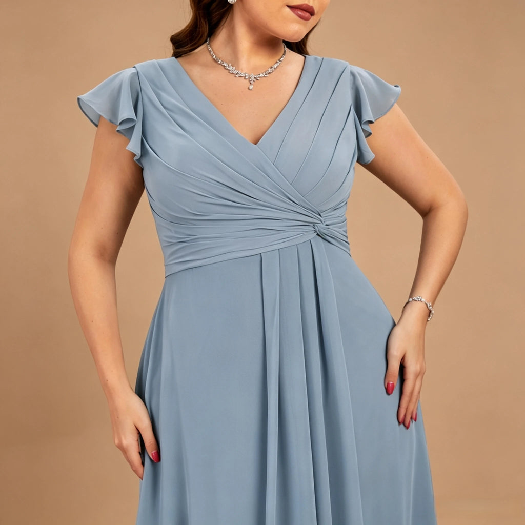 Long Island Plus Size Chiffon Evening Elegant V-Neck Ruffle Sleeve Formal Dress