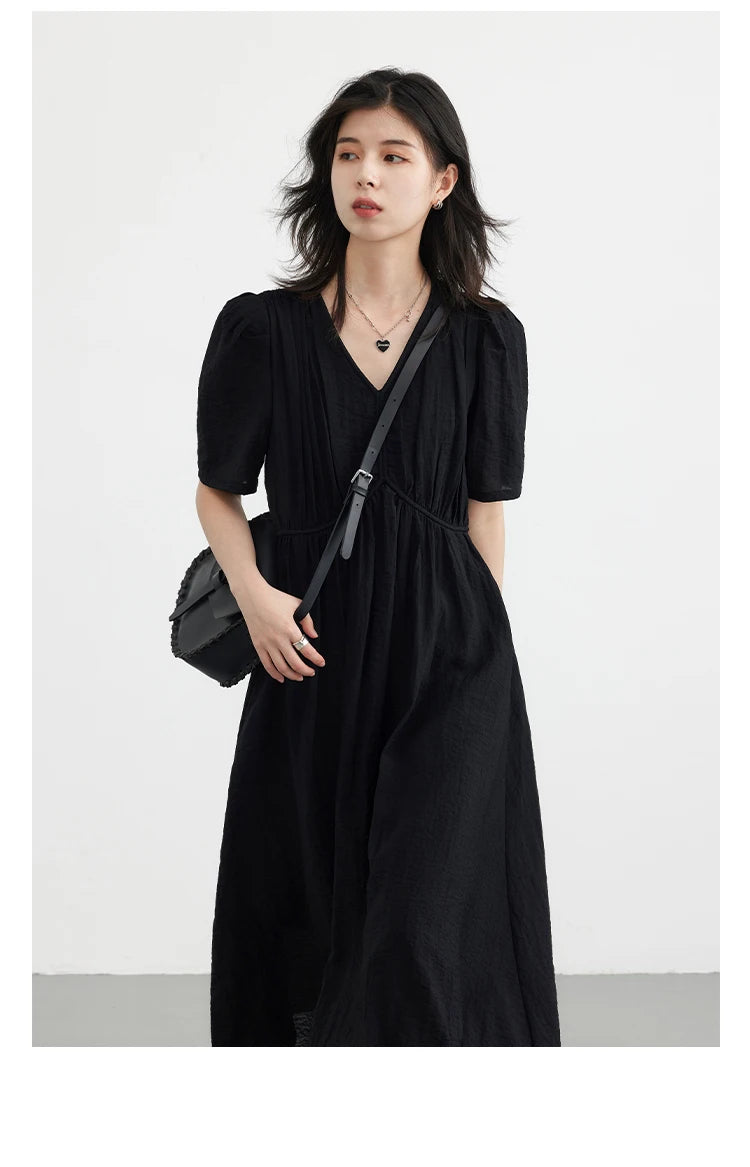 French Style Vintage V Neck Puff Sleeve Solid Black Loose Long Dress