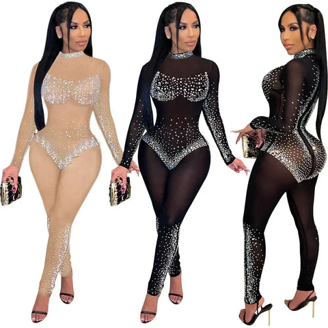Union Square Fashion Sexy Mesh Perspective Hot Drill Long Sleeve Jumpsuit