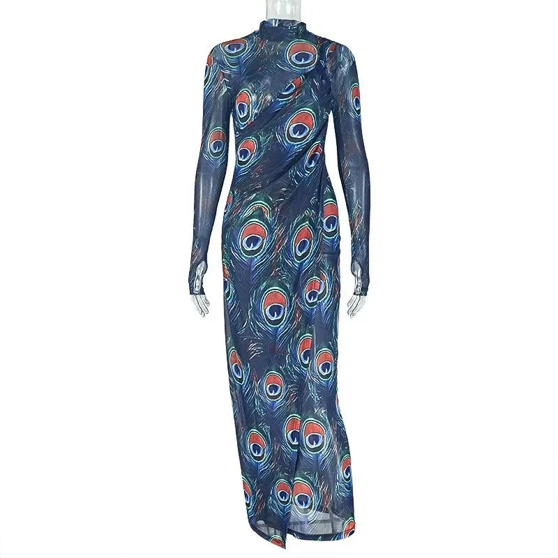 Canada Feathers Print Turtleneck Long Sleeve Hips Wrapped Long Dress