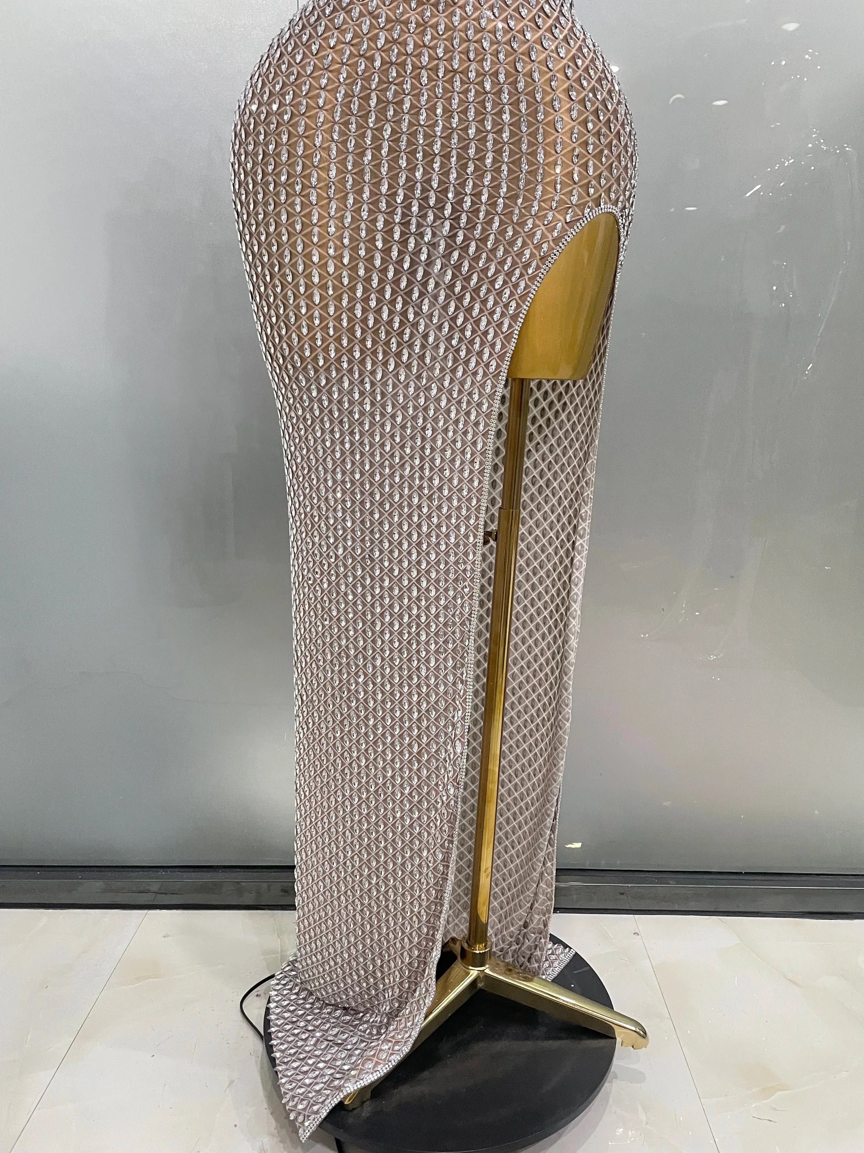 Frederick Full Rhinestones Mesh Transparent Long Elegant Dress