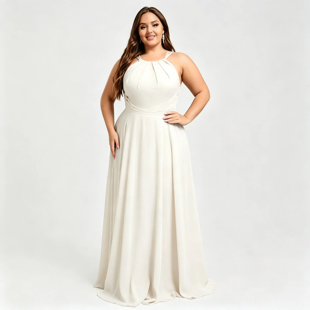 Los Mina Plus Size Halter Chiffon Bridesmaid Spaghetti Straps A Line Maxi Dress
