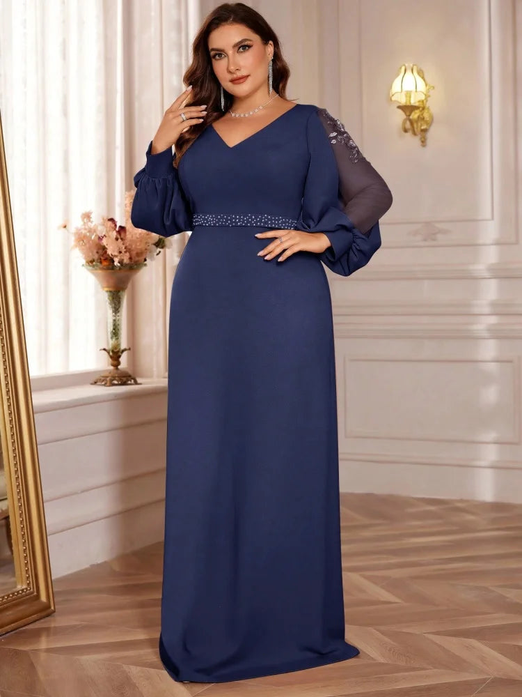 Cuba Plus Size Luxury V-Neck Blue Long Sleeves Sequins Formal Evening Dress
