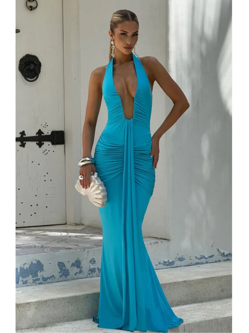Deep V Neck Draped Ruched Sexy Halter Sleeveless Backless Club Party Long Dress