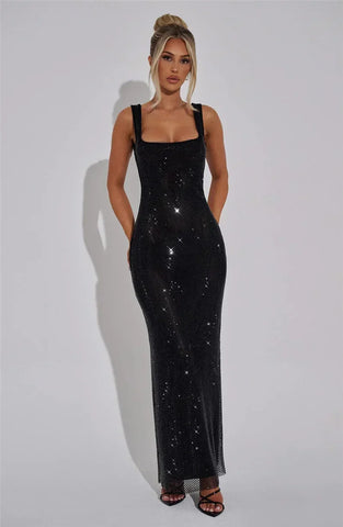 Bellport Sequins Backless Gown Sparkle Square Collar Sleeveless Bodycon Long Dress