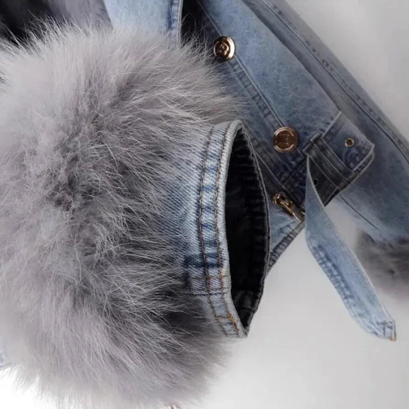 Tobyhanna Faux Fox Fur Collar Short Warm Parkas Rabbit Hair Lining Outwear Jacket