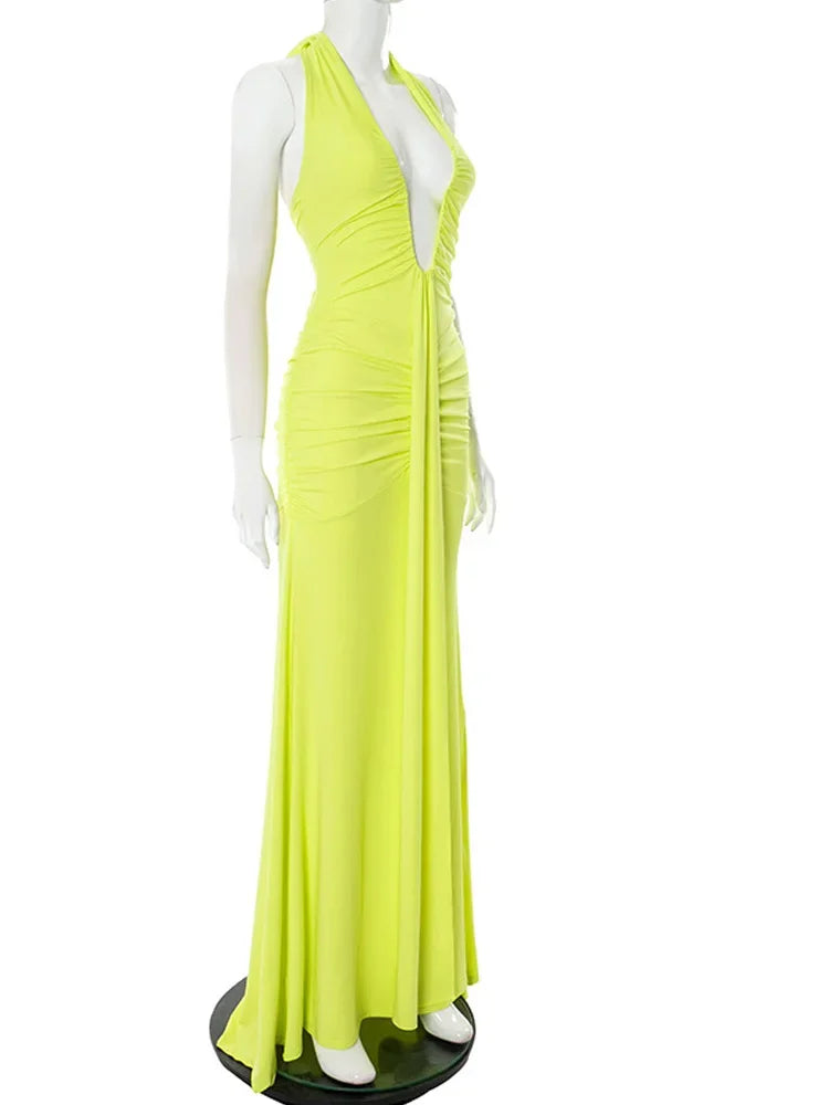 Coney Island Halter Plunging V Neck Ruched Long Straps Maxi Dress