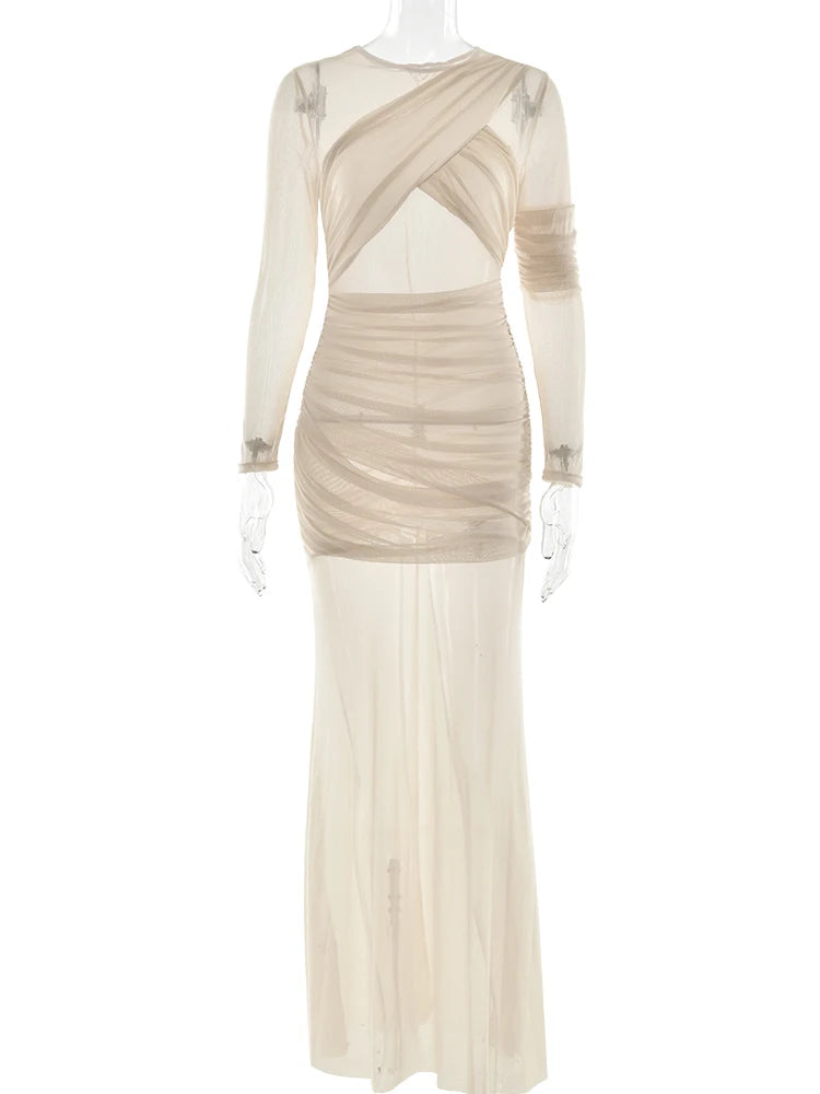 Kenilworth Mesh Patchwork Sheer Sexy Ruched Long Sleeve Bodycon Party Club Maxi Dress