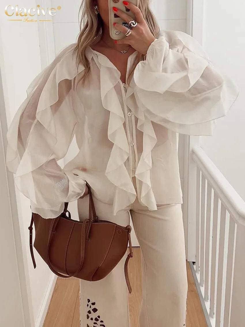 Slatington V-Neck Long Sleeve Elegant Classic Ruffle Solid Top