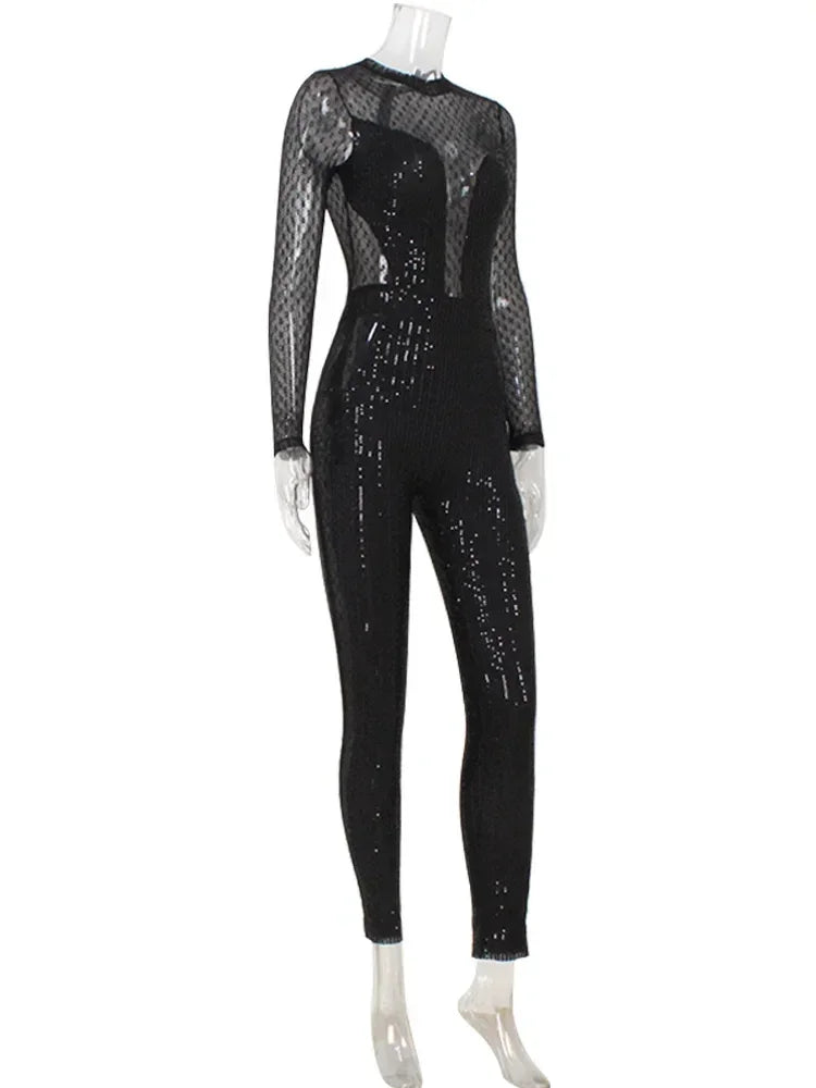 City Hall Mesh Squined Solid See Through O-Neck Regular Long Sleeves Skinny Jumpsuit
