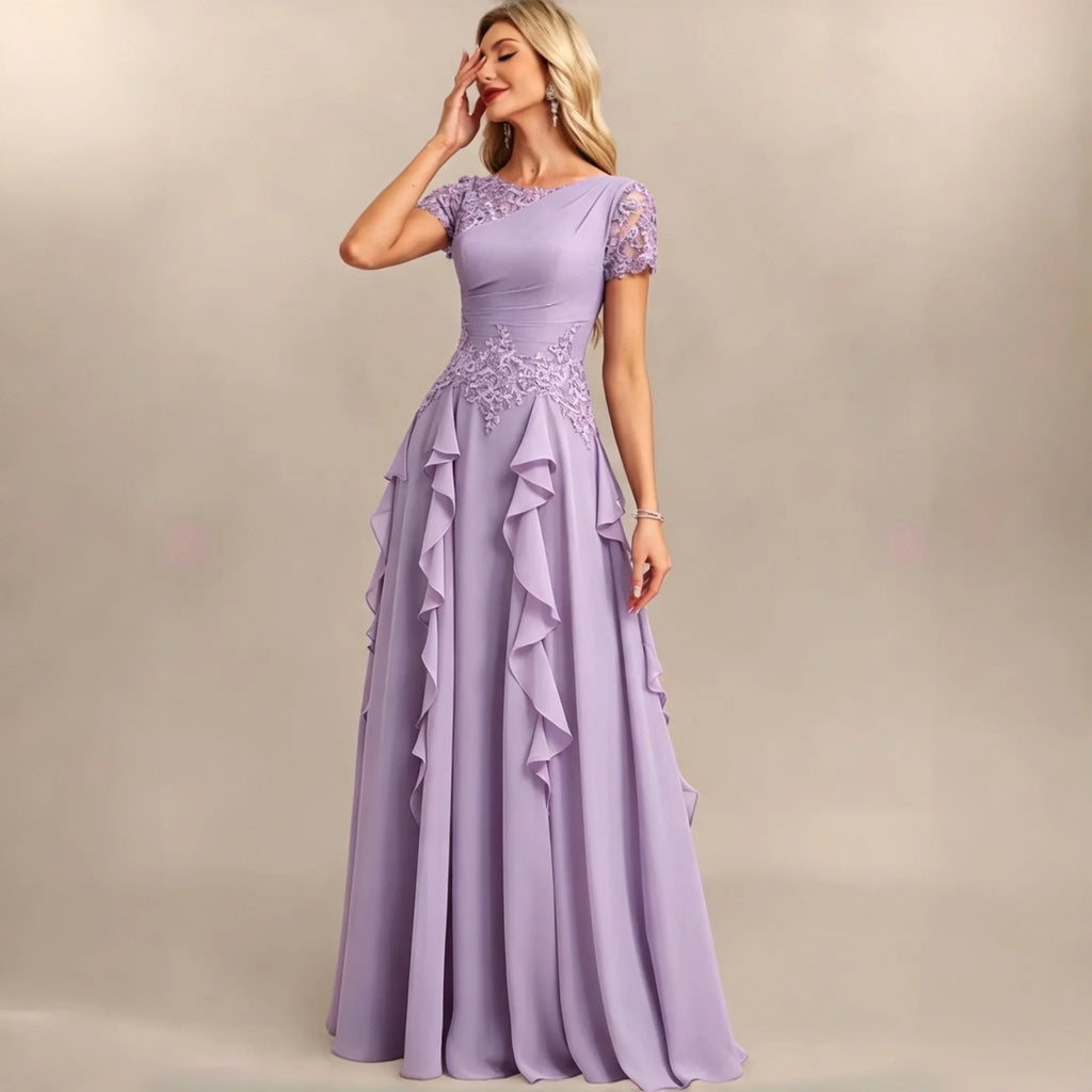 Dumbo Asymmetrical Neck Chiffon Bridesmaid Lace Sleeve Ruched Waist Cascading Dress