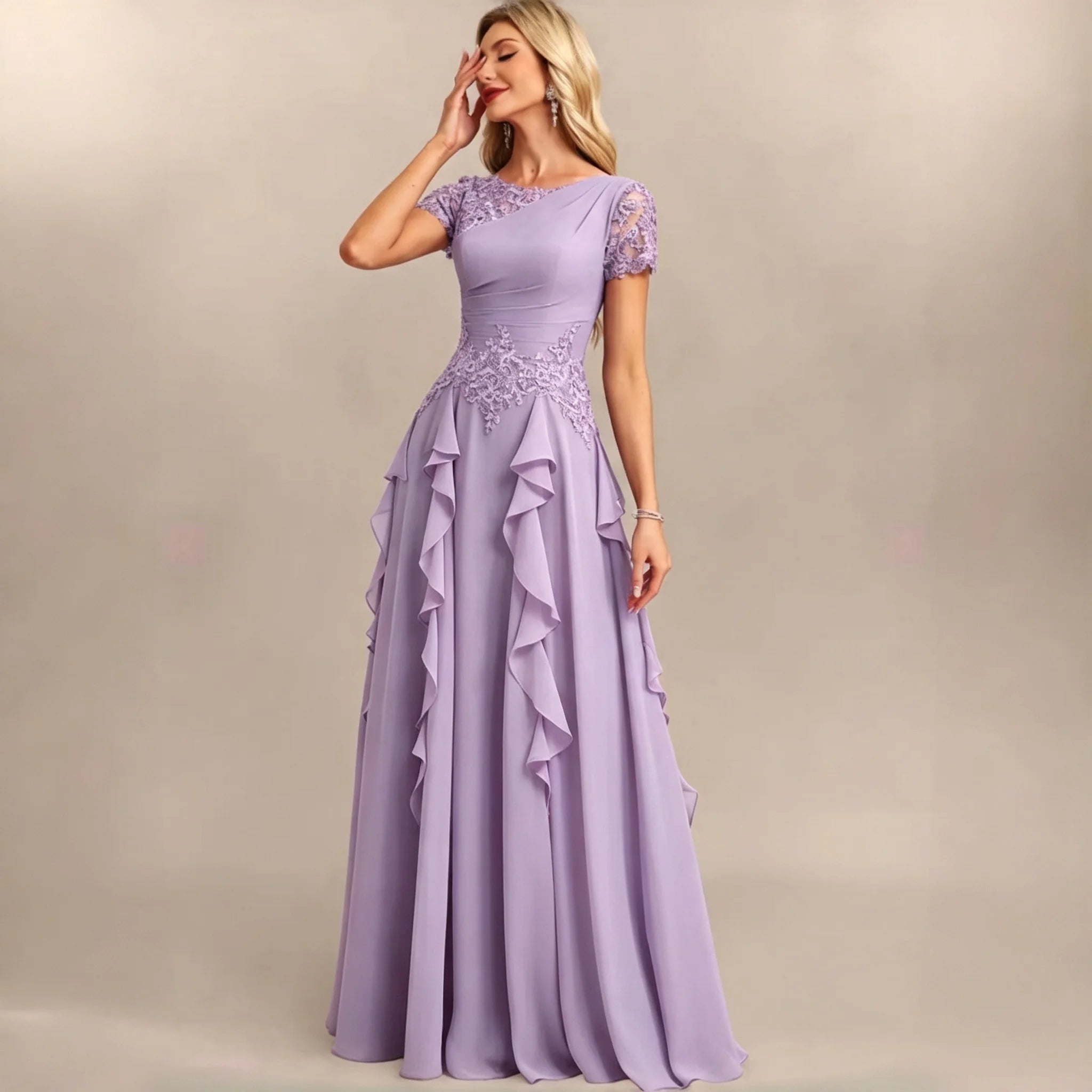 Dumbo Asymmetrical Neck Chiffon Bridesmaid Lace Sleeve Ruched Waist Cascading Dress