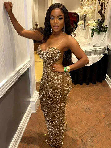 Baltimore Sparkly Crystal Rhinestone Pearl Celebrities Gown Brown Dress
