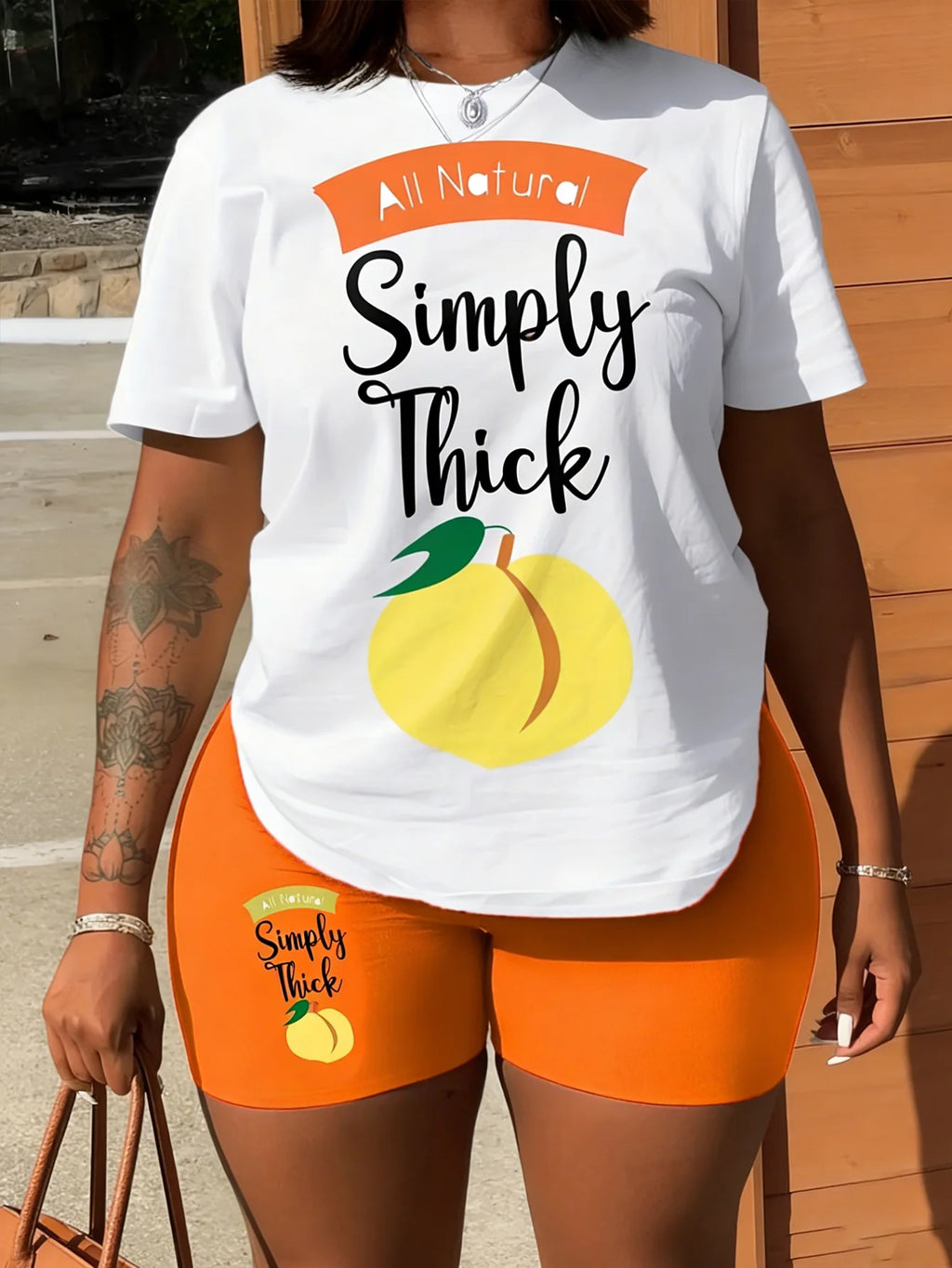Lia Peach Letter Print Short-Sleeved Casual Two Piece Sets