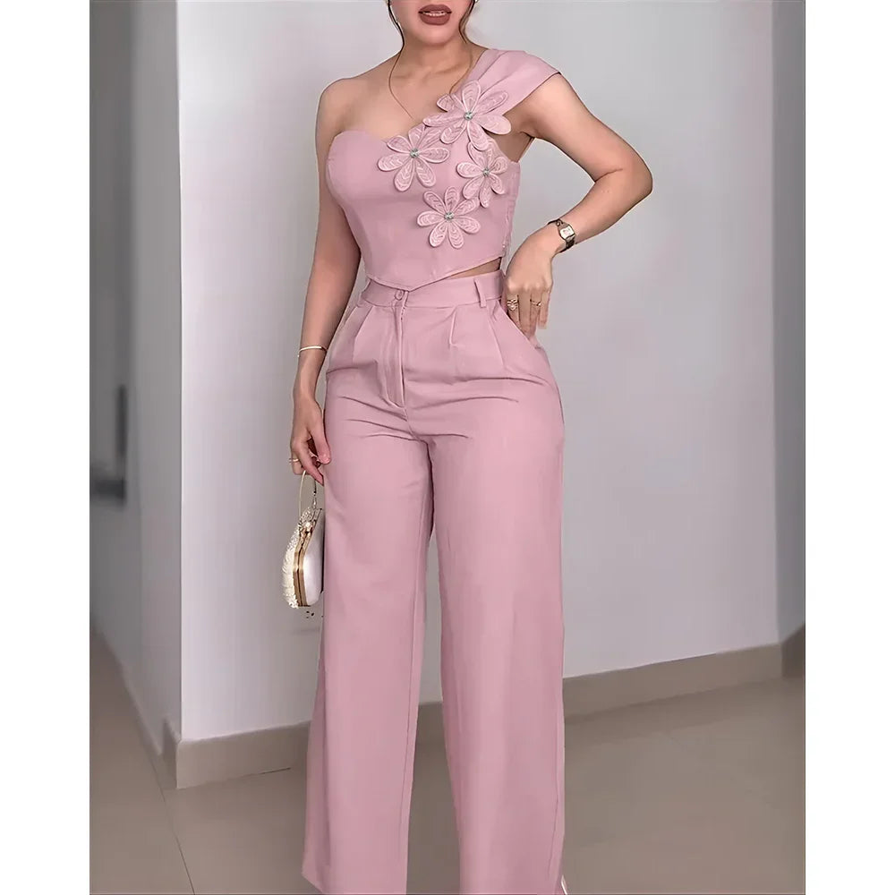 Francisca Floral Applique One Shoulder 2 Pieces Sets