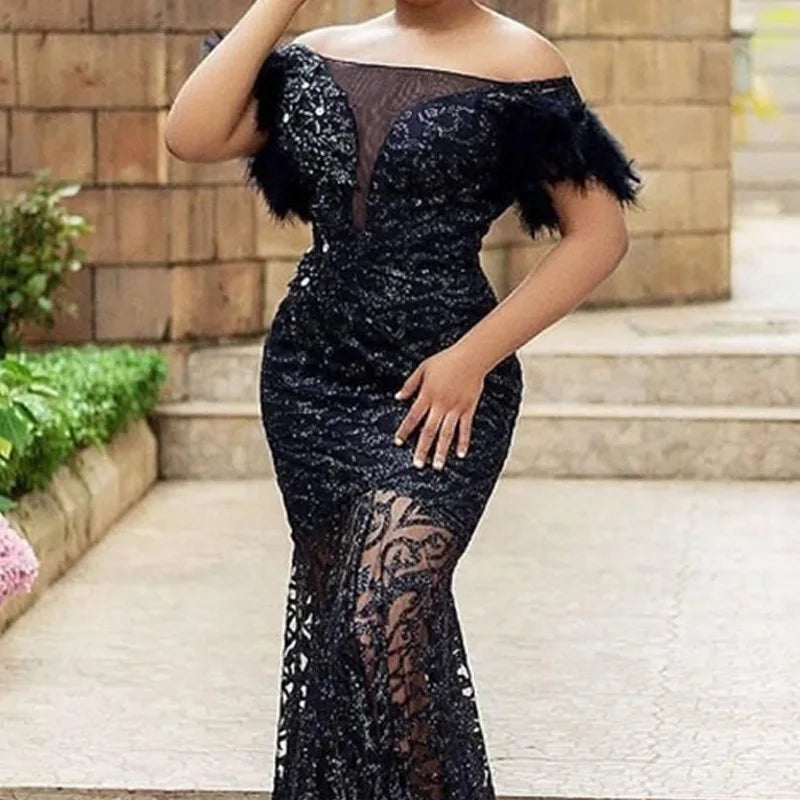 Syracuse One line Shoulder Sequin Slim Fit Bag Hip Mermaid Evening Dress