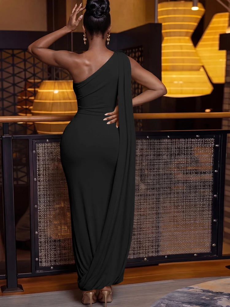 Elegant One Shoulder Yellow Sexy Bodycon Evening Party Gown Maxi Dress