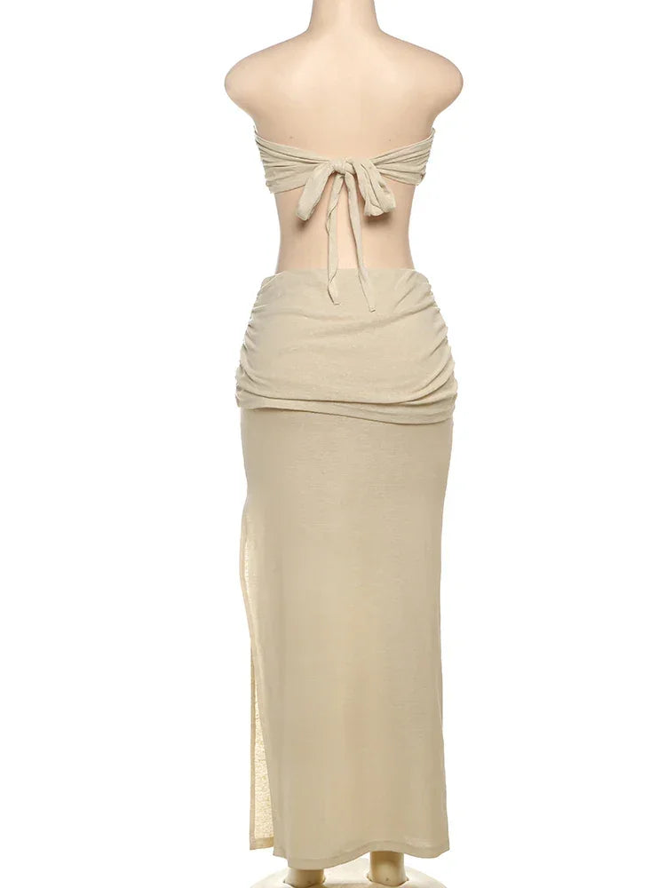 New Paltz Lace Up Backless Strapless Ruche Long Splits Beach Outfits