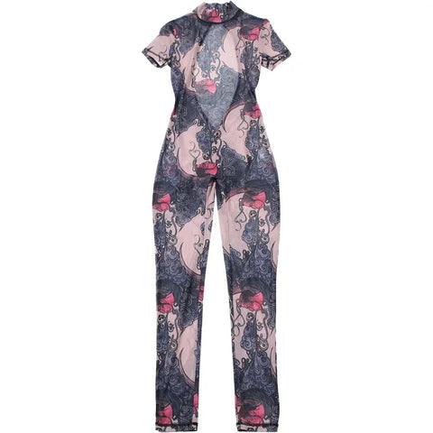 Auburn Hollow Out Playsuits Female Nightout Fashion Mesh Thin Sheer Jumpsuits