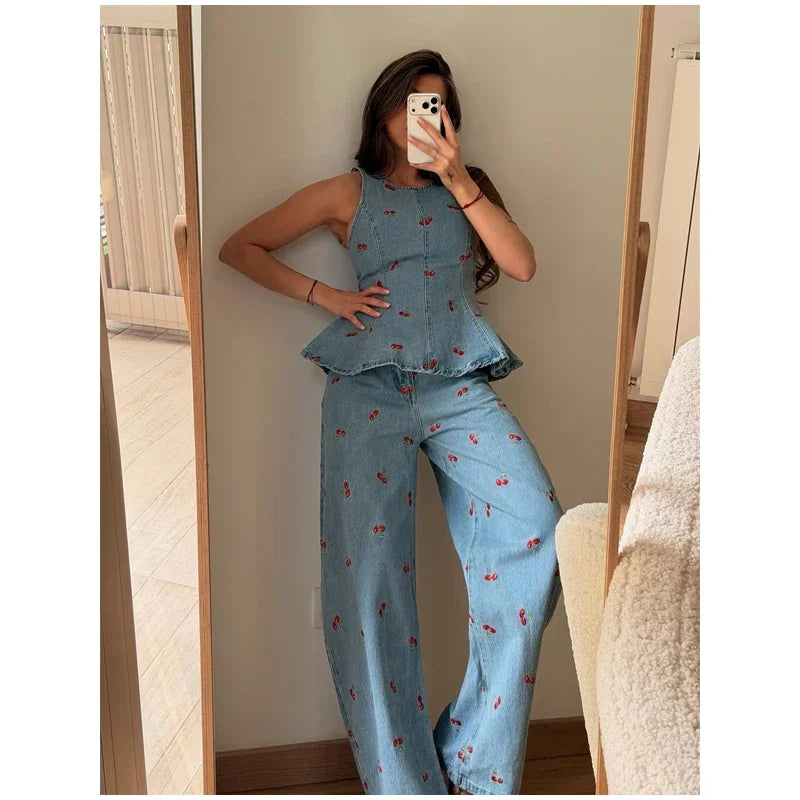 Viviana Denim Printed Sleeveless Two Piece Sets
