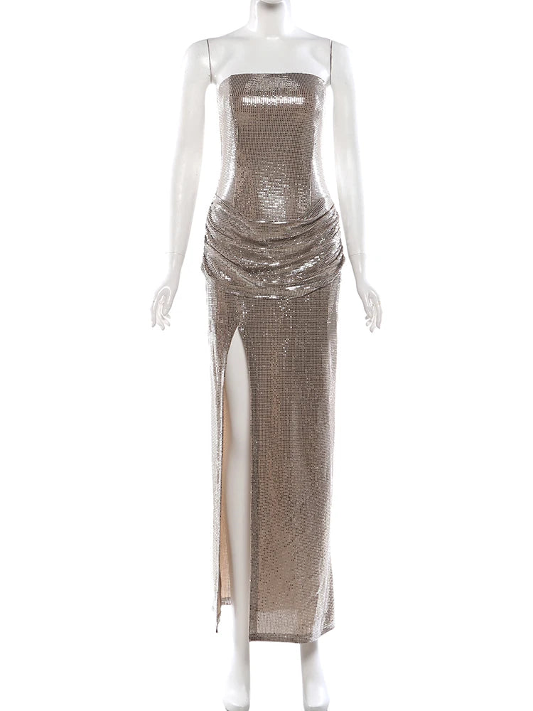 Irlanda Strapless Shiny Sequins Wrap Chest Backless Sleeveless Ruched High Splits Dress