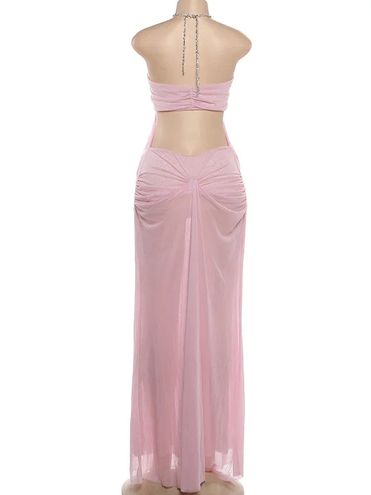 Pine Plains Sexy See Through Luxury Chain Halter Low Neck Backless Dress