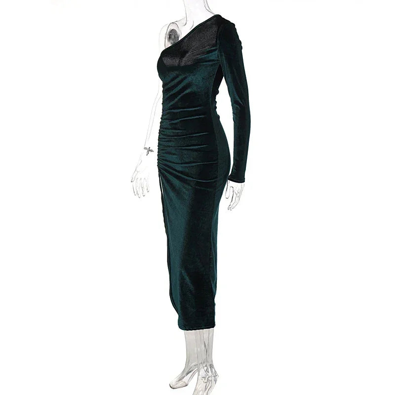 Westerleigh Elegant Long Sleeve Party Evening Velvet Bodycon Split Pencil Midi Dress